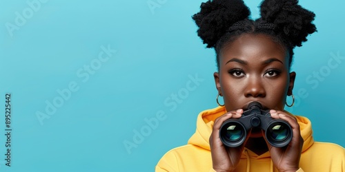 A woman with a focused expression looks through binoculars against a bright blue backdrop © Konstiantyn Zapylaie