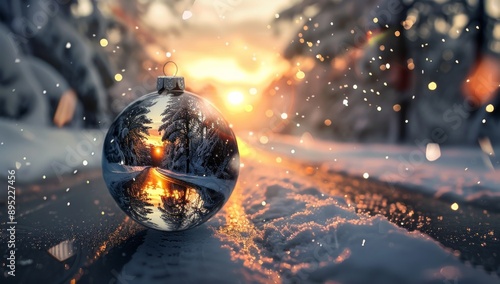 Immerse yourself in the captivating charm of a Winter Wonderland Snow Globe where a magnificent sunset reflects, imbuing a magical and peaceful ambiance into a picturesque winter setting