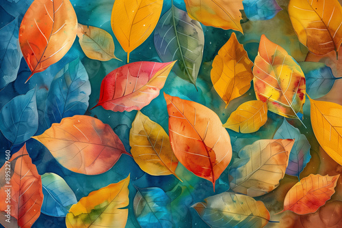 Abstract autumn leaves in watercolor, abstract background with colorful foliage