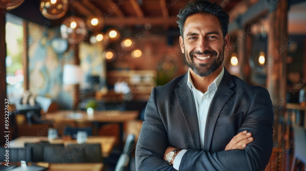 A confident young businessman smiles at the camera in a warmly lit, stylish restaurant or café interior. He stands with his arms crossed, exuding a positive and professional demeanor. A confident young businessman smiles at the camera in a warmly lit, stylish restaurant or café interior. He stands with his arms crossed, exuding a positive and professional demeanor.