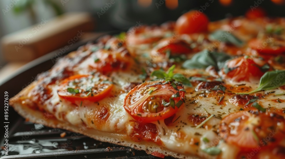 A mouthwatering slice of fried hot Italian pizza with sticky cheese, fresh tomatoes, and herbs, creating an appetizing and flavorful dish. A mouthwatering slice of fried hot Italian pizza with sticky cheese, fresh tomatoes, and herbs, creating an appetizing and flavorful dish.