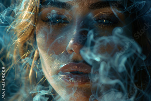 "Close-Up: Woman Smoking with Focus on Smoke and Lips"