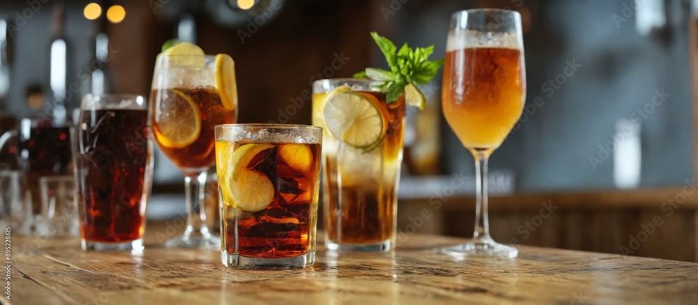 Wooden bar counter four Different alcohol drinks on Wooden bar counter four Different alcohol drinks on