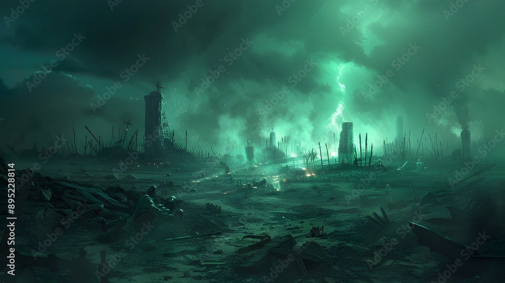 A desolate battlefield haunted by the spirits of fallen warriors under a stormy sky A desolate battlefield haunted by the spirits of fallen warriors under a stormy sky