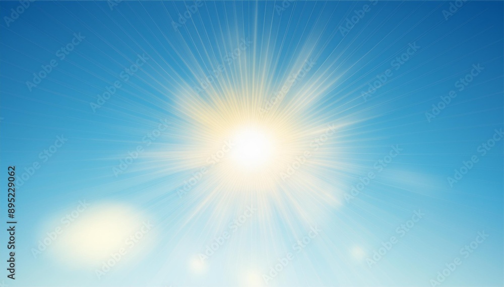 Sun light flare on blue sky background. Vector sunny summer background with sunbeams Sun light flare on blue sky background. Vector sunny summer background with sunbeams