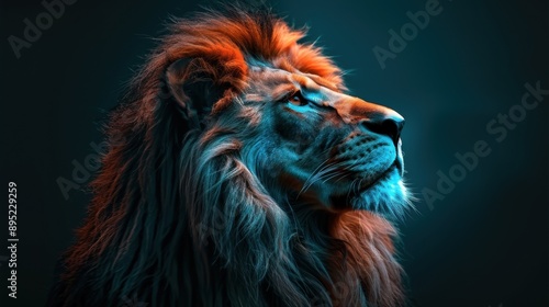 A cinematic still of a majestic lion lit with dramatic upstage key lighting. The close-up highlights the lion’s regal mane and intense gaze, giving it a captivating presence.