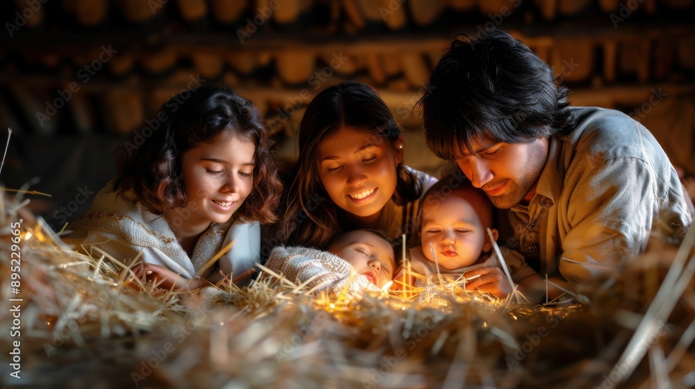 A heartwarming depiction of the Nativity scene with Mary, Joseph, and children, all illuminated by soft, glowing lights, set in a rustic barn filled with hay. A heartwarming depiction of the Nativity scene with Mary, Joseph, and children, all illuminated by soft, glowing lights, set in a rustic barn filled with hay.