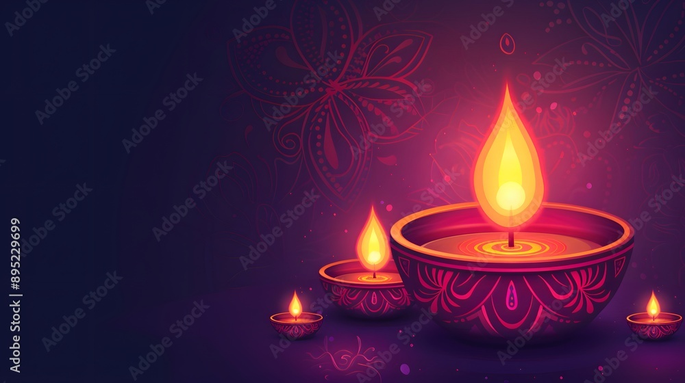 Stylized Diwali oil lamps with elegant designs on a dark purple background Stylized Diwali oil lamps with elegant designs on a dark purple background