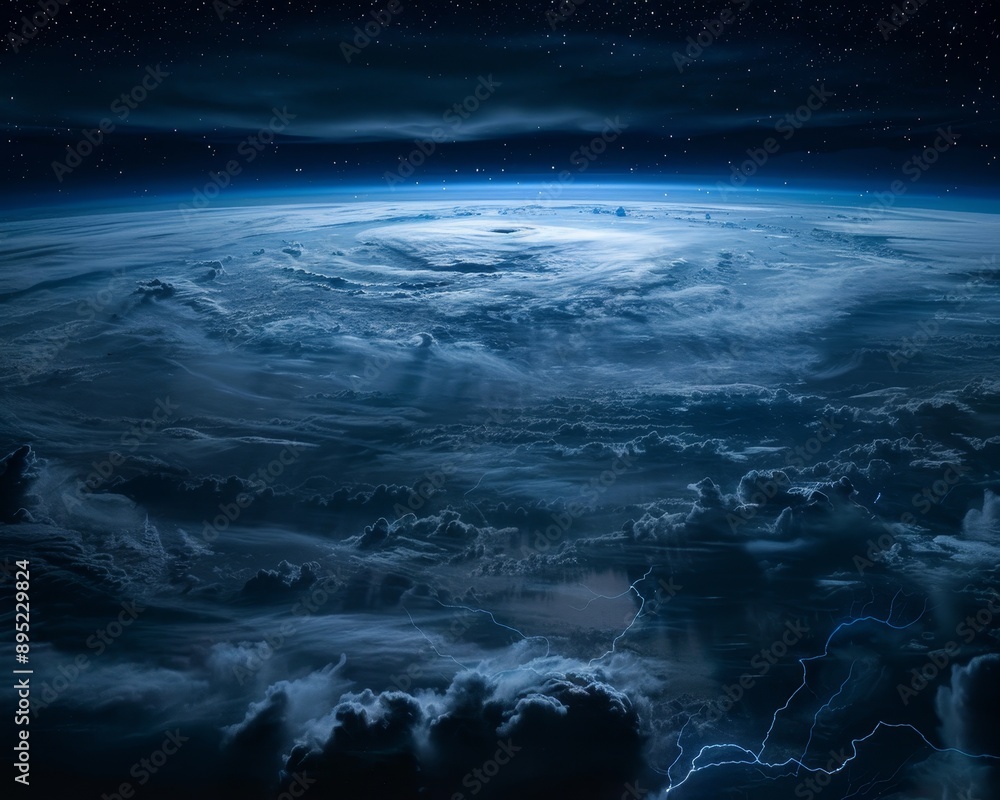 Fototapeta premium Space view of thunderstorms, cyclones, catastrophic lightning, weather natural disasters concept