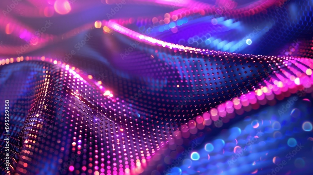 Close-up shot of a shiny fabric with lights in the background, suitable for fashion or product photography Close-up shot of a shiny fabric with lights in the background, suitable for fashion or product photography
