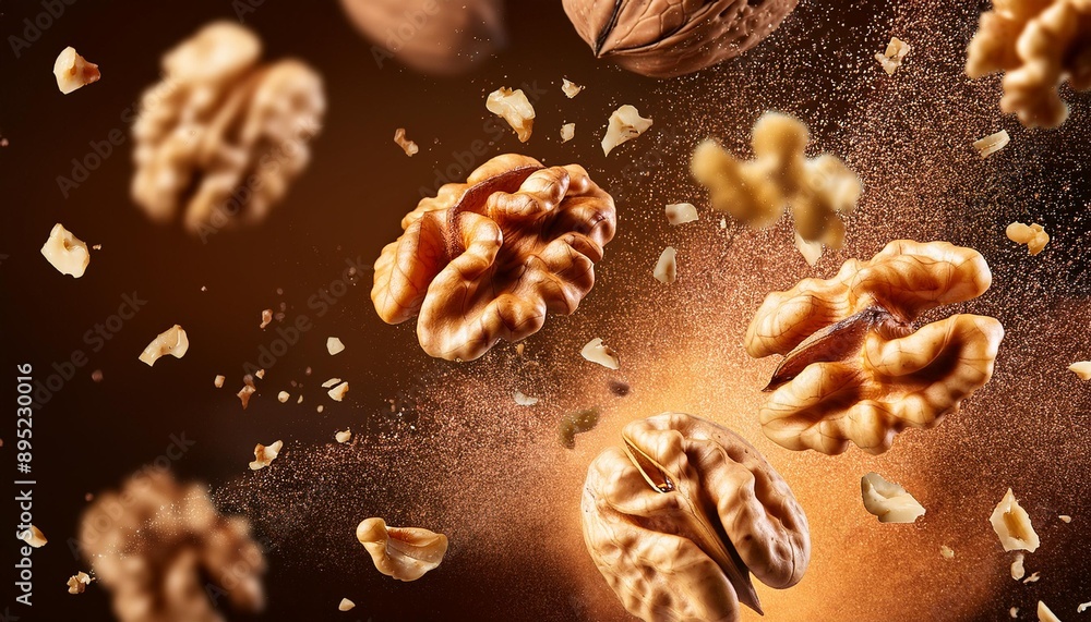 Walnut nuts explosion splash or falling in realistic closeup for advertising banner or poster background. Walnut nuts falling explode for snack package or food product ad poster Walnut nuts explosion splash or falling in realistic closeup for advertising banner or poster background. Walnut nuts falling explode for snack package or food product ad poster
