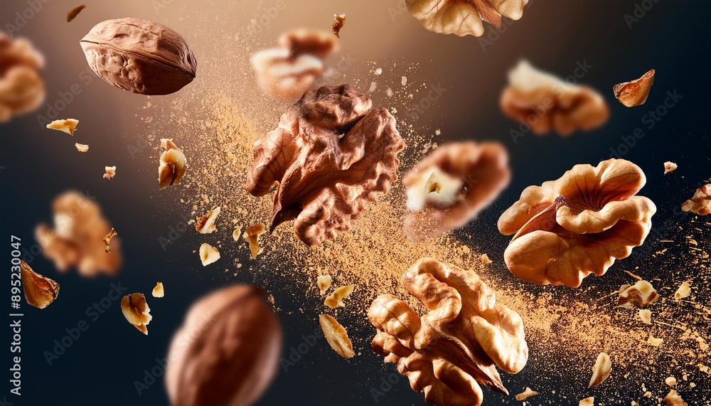 Walnut nuts explosion splash or falling in realistic closeup for advertising banner or poster background. Walnut nuts falling explode for snack package or food product ad poster