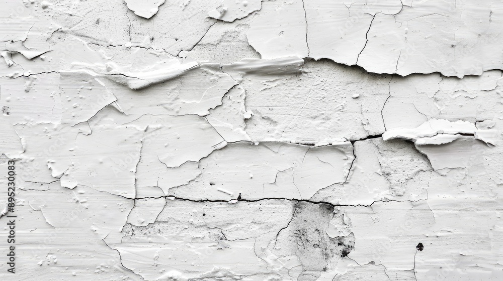 Fototapeta premium Aged white plastered wall with cracked texture in monochrome. Distressed concrete wall. Weathered brick wall.