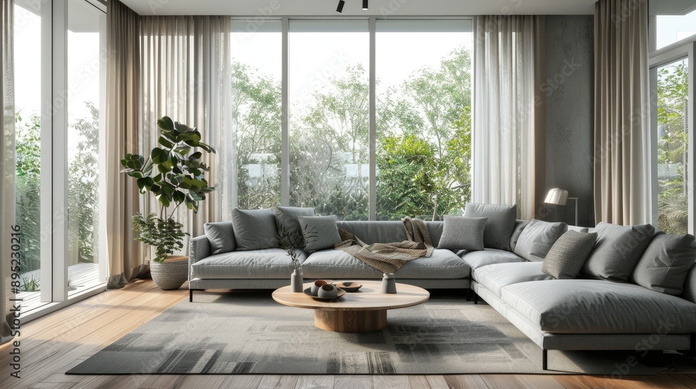 Fototapeta premium Bright living room with cozy grey sofas, coffee table, and large window