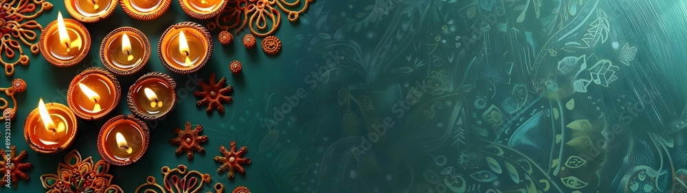 Elegant Diwali oil lamps with detailed patterns on a teal floral background Elegant Diwali oil lamps with detailed patterns on a teal floral background