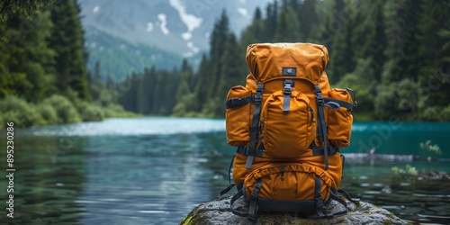 A vibrant orange hiking backpack resting on a rock by a pristine, turquoise lake surrounded by dense, green forest and majestic mountain peaks in the distance photo