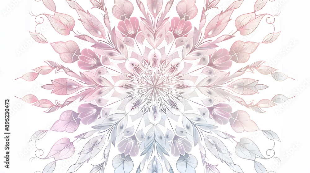 Fototapeta premium Symmetrical fractal flower pattern with intricate pink, white, and purple petals