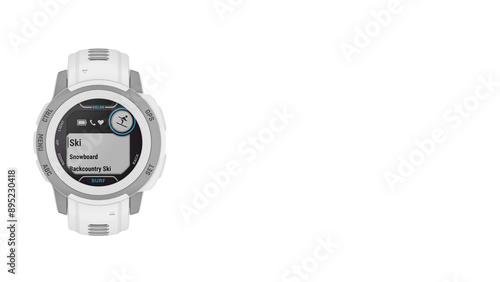 Closeup of white sport smartwatch isolated on white copy-space background.