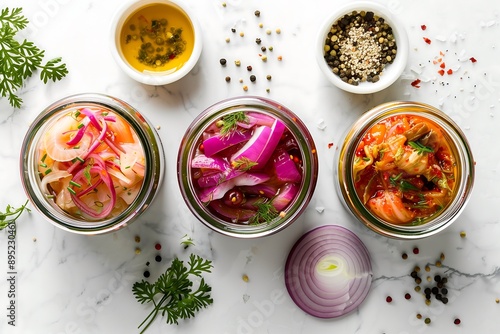 Canning glass jars with kimchi and pickled red onion on white table, top view. Generative AI.