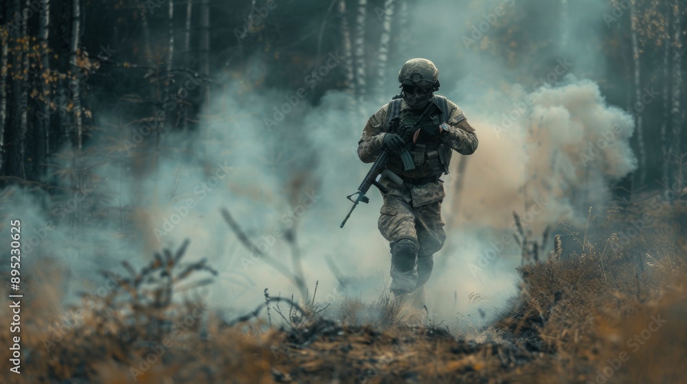 soldier with equipment and a gun in a forest with smoke soldier with equipment and a gun in a forest with smoke