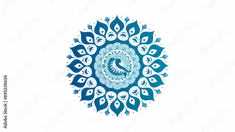 Symmetrical mandala with peacock motif and feather patterns in shades of blue on a white background Symmetrical mandala with peacock motif and feather patterns in shades of blue on a white background