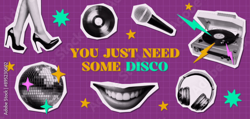 disco music collage set with vinyl record player disco ball high-heeled shoes microphone headphone smiling mouth vintage halftone cutout elements trendy retro 90s magazine style