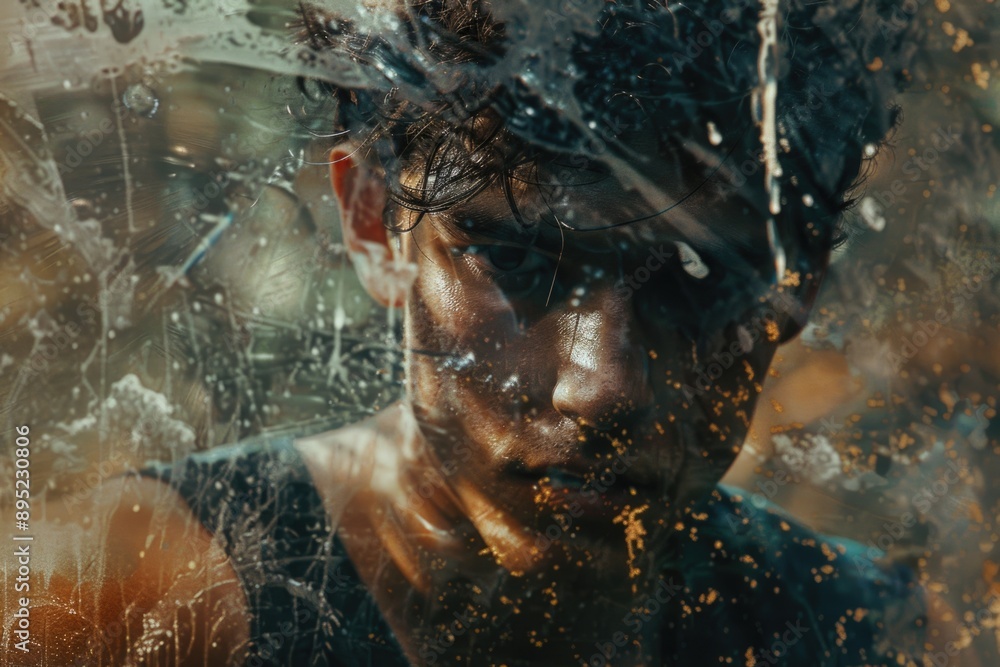 A person standing by a window with rain pouring down A person standing by a window with rain pouring down