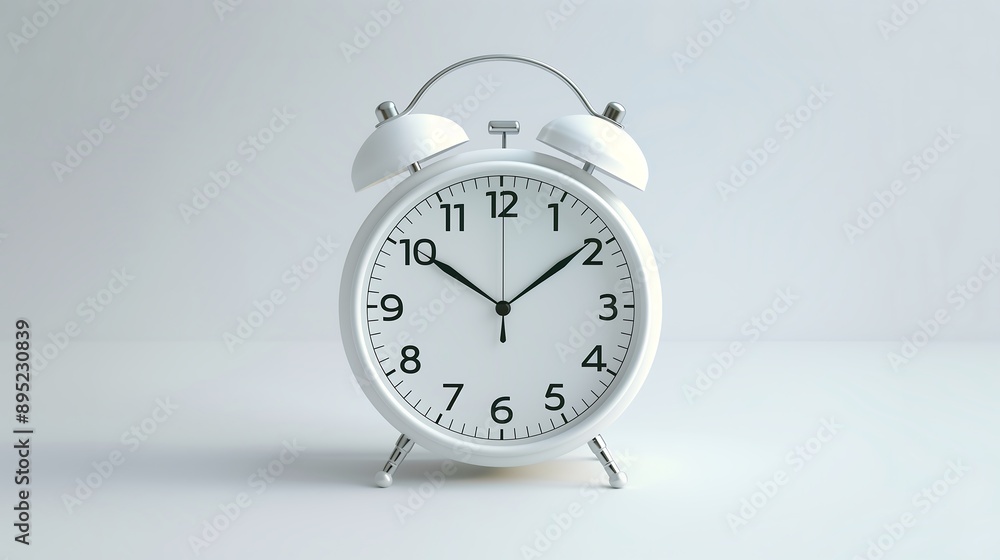 Close-up of white alarm clock on white background. Generative AI. Close-up of white alarm clock on white background. Generative AI.