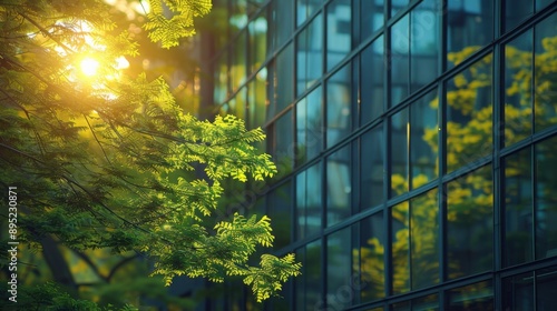 The image showcases a contemporary metropolitan building with reflective glass windows adorned by lush green trees illuminated by sunlight.