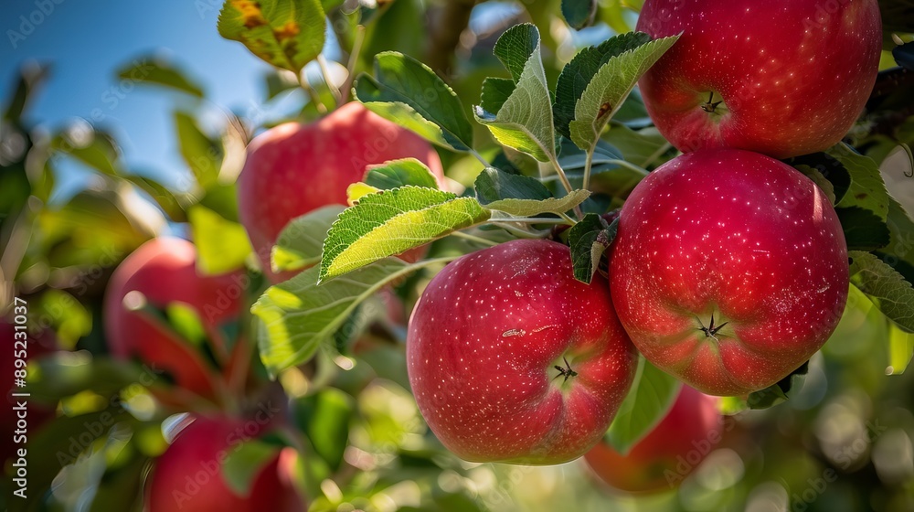 Bright red apples hang heavy on branches, ready for picking. They glow in the sun among the lush green leaves of the apple orchard. Bright red apples hang heavy on branches, ready for picking. They glow in the sun among the lush green leaves of the apple orchard.