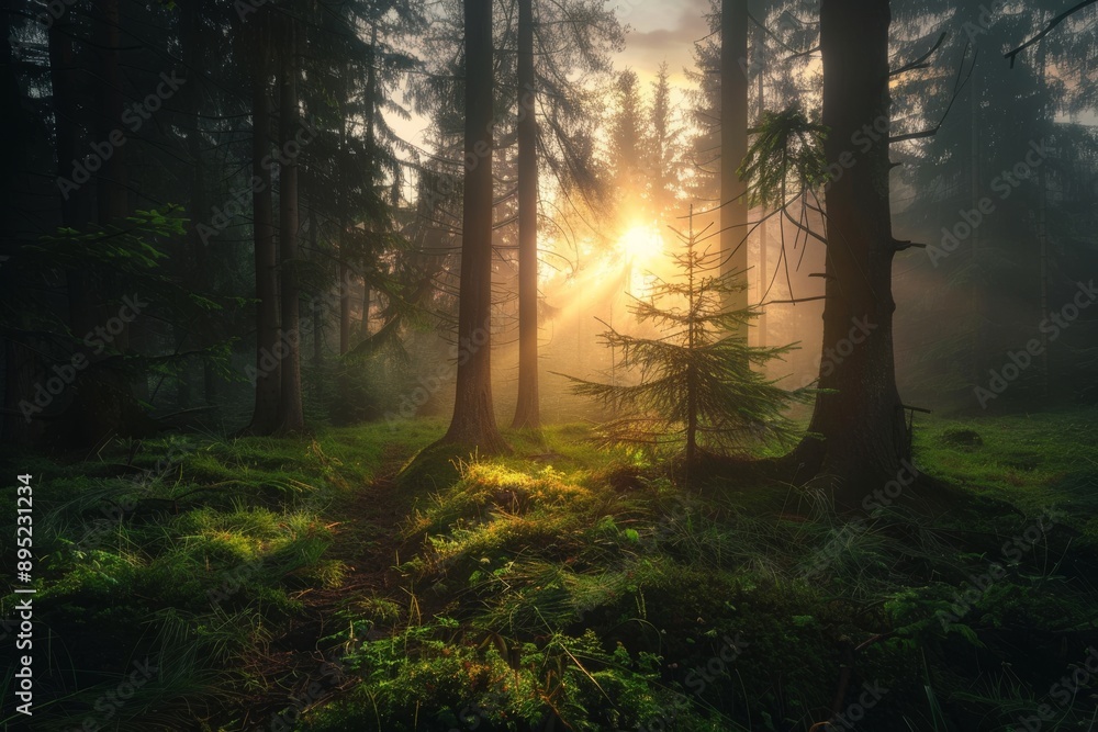 An autumn forest scene with rays of warm light in the middle of the forest.