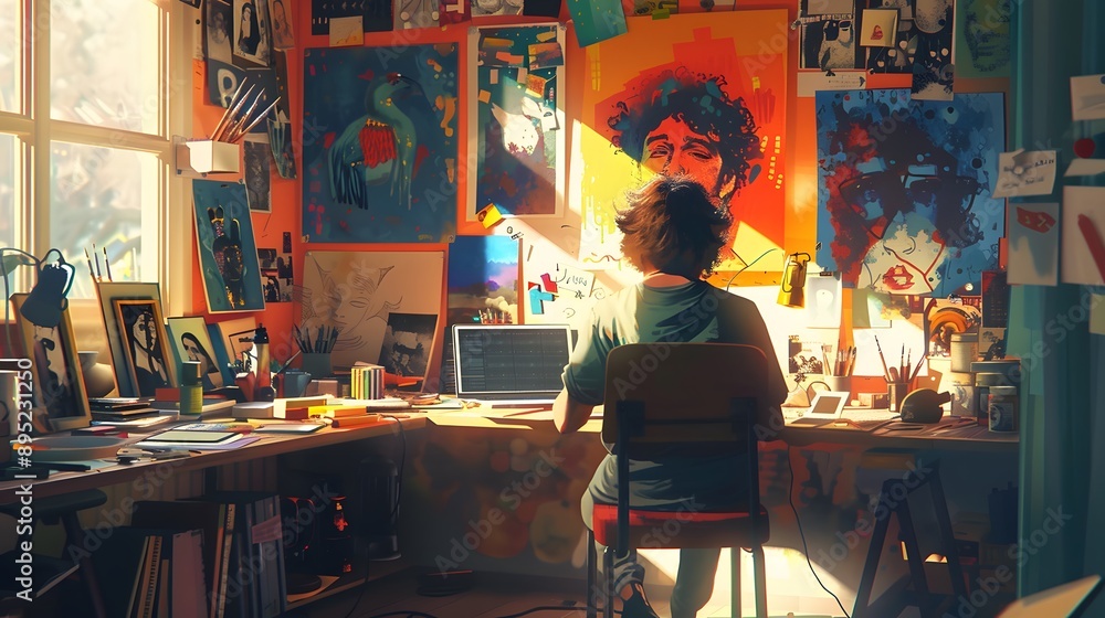 Artistic home office with a person working surrounded by creative materials Artistic home office with a person working surrounded by creative materials