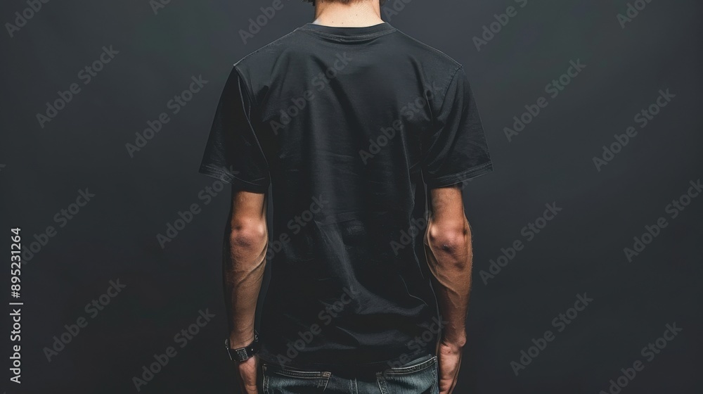This image shows the back view of a person wearing a plain black t-shirt. The background is dark, emphasizing the simplicity of the shirt design. This image shows the back view of a person wearing a plain black t-shirt. The background is dark, emphasizing the simplicity of the shirt design.