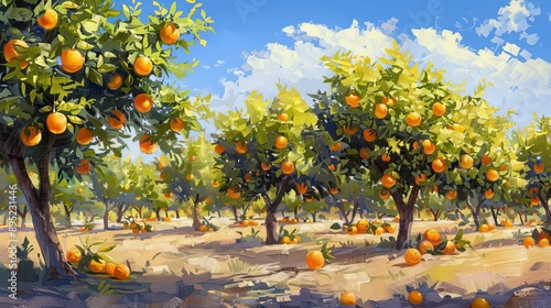 An orange grove under a blue sky, with trees full of oranges.