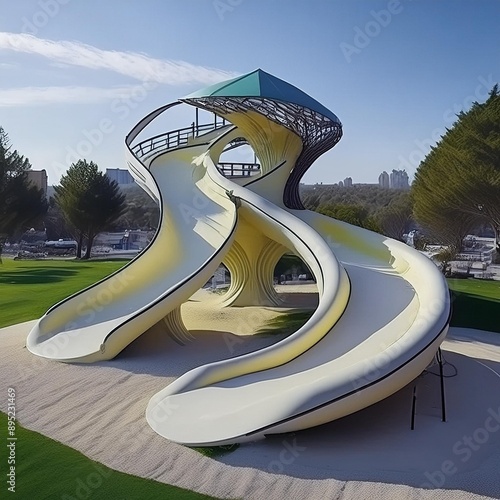 The children's colorful playground is a modern, sculptural, spatially designed playscape with slides, tubes, and ladders in a city park. photo