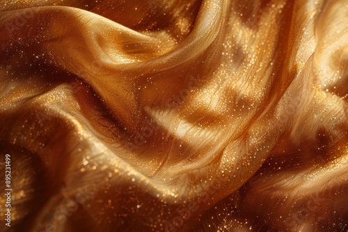 Close-up image of luxurious, shimmering golden fabric with intricate textures and flowing drapery showcasing rich, glittering details and elegant, smooth surfaces