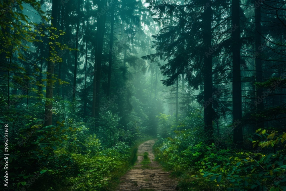 Fototapeta premium A haunting forest trail through fog with silhouetted trees and hard light coming from the right. A horror landscape.