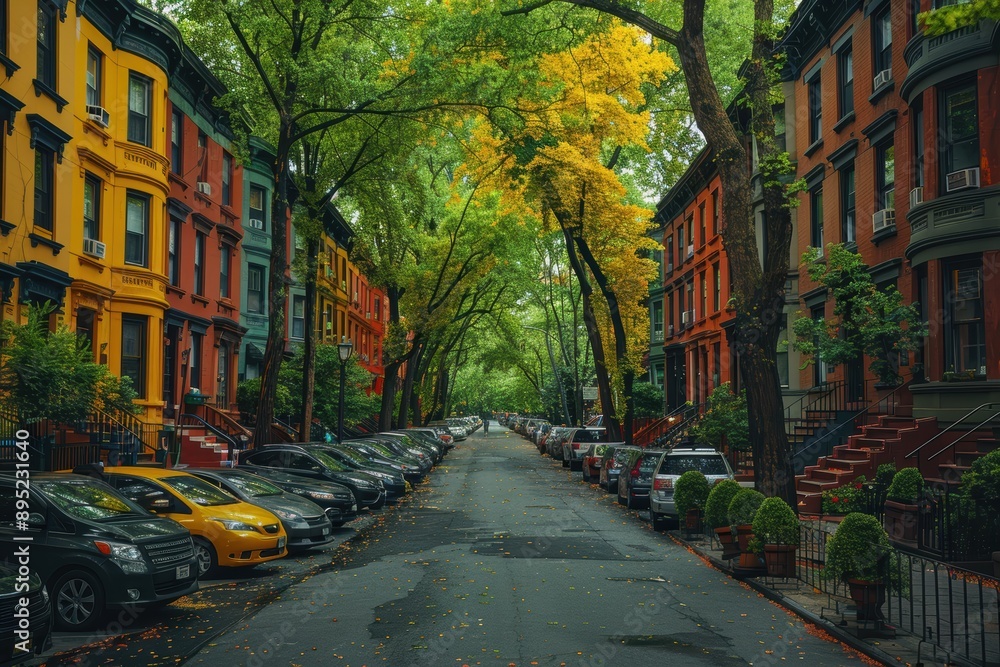 Fototapeta premium A serene urban street scene lined with colorful brownstone buildings and parked cars beneath a canopy of lush, green trees, capturing the harmonious blend of city life and nature