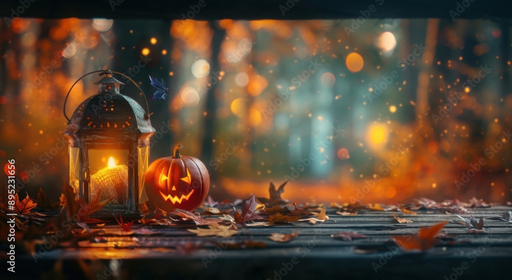 Halloween background with lantern and pumpkin on wooden table, fall leaves decoration, copy space for design banner Generative AI Halloween background with lantern and pumpkin on wooden table, fall leaves decoration, copy space for design banner Generative AI