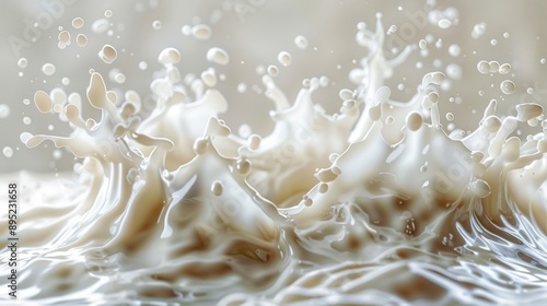 An artistic depiction of a white milk wave with splashes, splatters, and drops, presenting a dynamic and fluid motion.