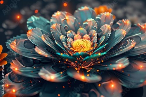 In a cinematic style abstract background, a vibrant fractal flower stands out