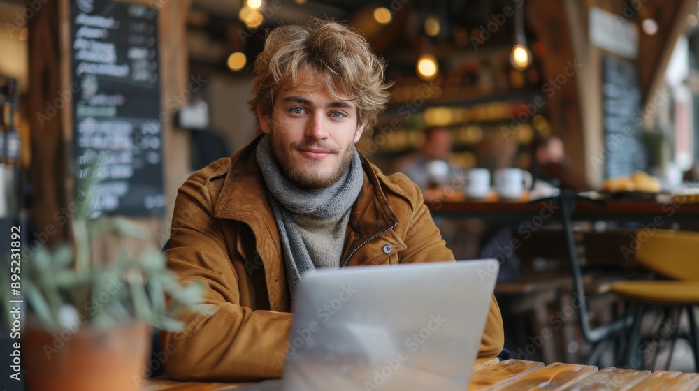 Obraz premium Young man working on a laptop in a cozy cafe with a warm ambiance. The background features wooden elements and menu boards.