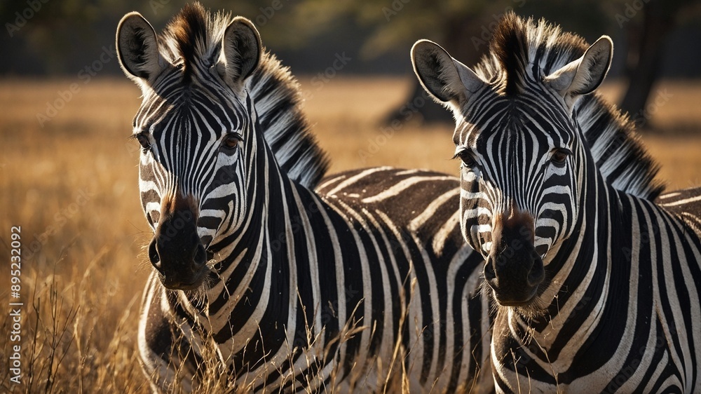 Naklejka premium Two zebras stand side by side in sunlit savannah, their stripes contrasting sharply with golden grasses. Foreground zebra gazes directly at camera, while other turns slightly away.