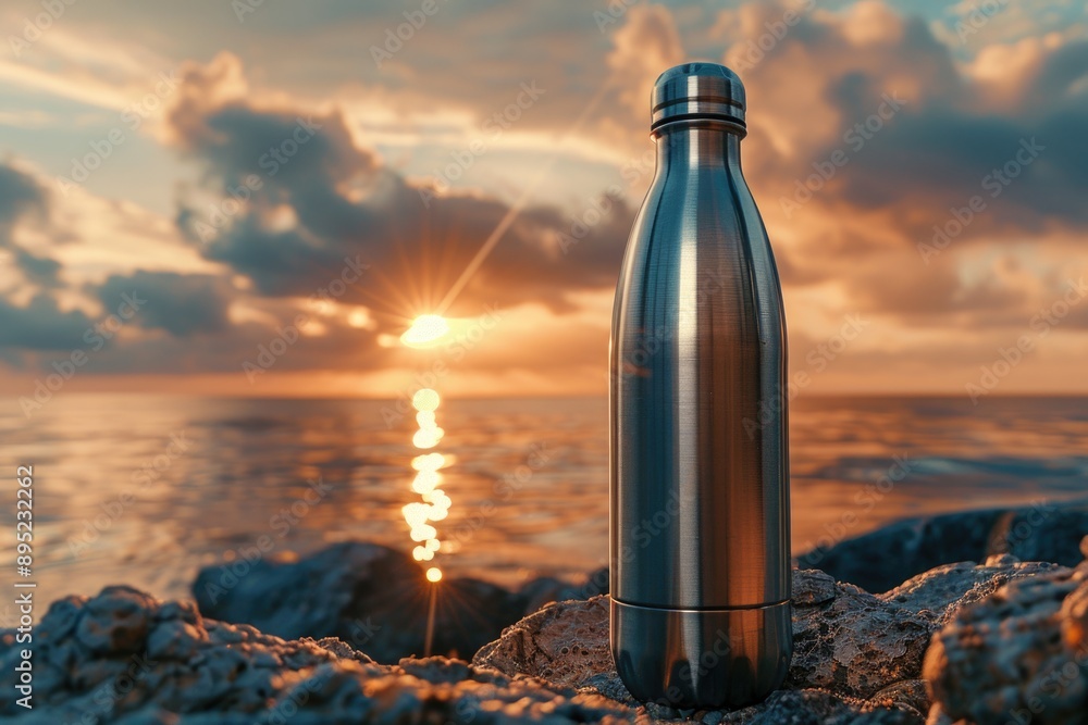 A water bottle sits atop a rugged coastline, perfect for a day at the beach or as a decorative element