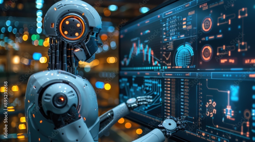 A humanoid robot interacts with multiple computer monitors displaying complex data, indicating an advanced robotics environment focused on data analysis or monitoring. A humanoid robot interacts with multiple computer monitors displaying complex data, indicating an advanced robotics environment focused on data analysis or monitoring.