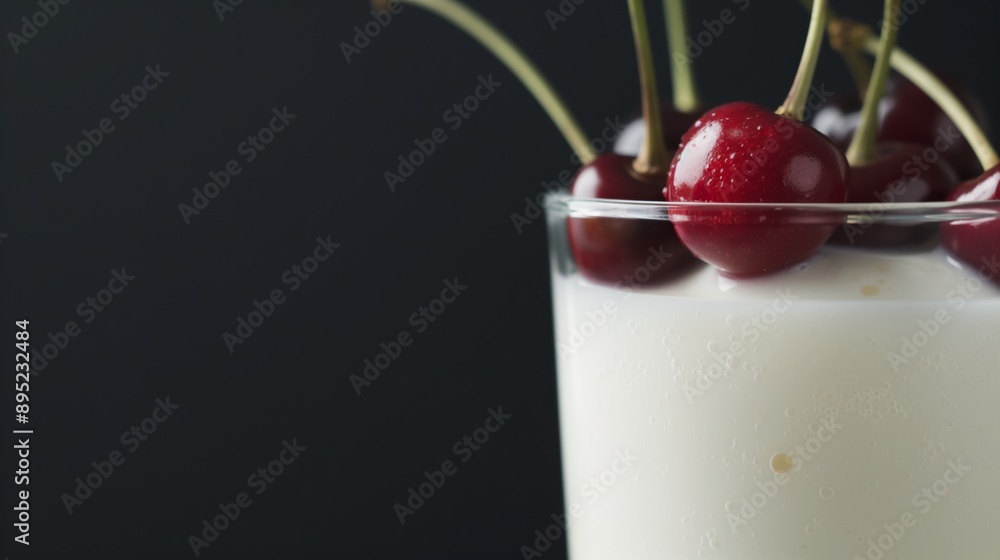 Close-up of a glass of milk with some cherries placed on top of the glass. Cherries crown a glass of milk creating a contrast of colors and flavors. Close-up of a glass of milk with some cherries placed on top of the glass. Cherries crown a glass of milk creating a contrast of colors and flavors.