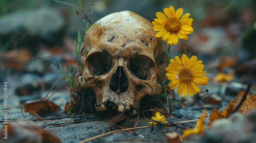 A worn, weathered skull partially buried in a forest floor surrounded by vibrant yellow flowers with delicate petals amidst fallen leaves and soft undergrowth A worn, weathered skull partially buried in a forest floor surrounded by vibrant yellow flowers with delicate petals amidst fallen leaves and soft undergrowth