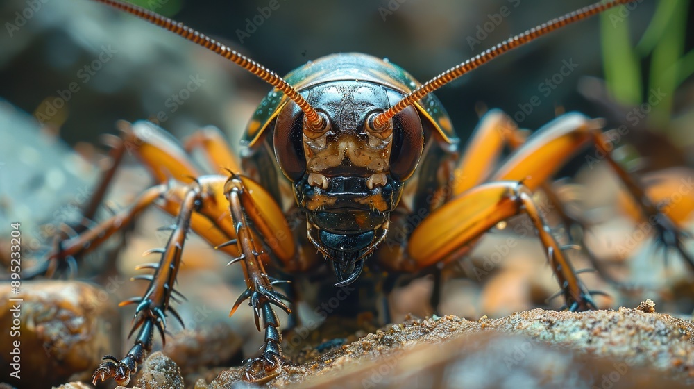 A high-resolution macro image captures the intense and detailed front view of a cricket on a rocky and soil-rich environment in nature A high-resolution macro image captures the intense and detailed front view of a cricket on a rocky and soil-rich environment in nature