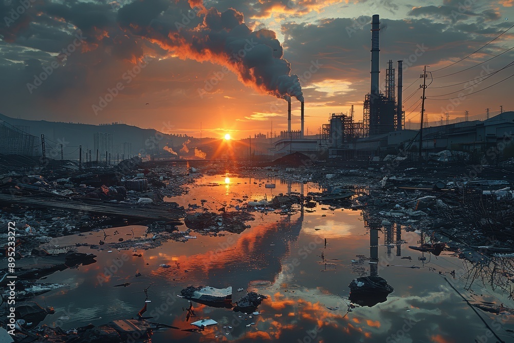 Industrial pollution and its environmental impact captured at sunset, showing a highly polluted river reflecting smoke-filled skies and factory emissions in an industrial landscape Industrial pollution and its environmental impact captured at sunset, showing a highly polluted river reflecting smoke-filled skies and factory emissions in an industrial landscape
