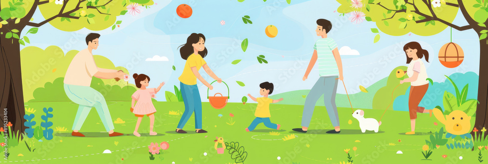 The Family Is Happily Enjoying a Beautiful Spring Day With a Picnic in the Park, Surrounded by Blooming Flowers and Lush Greenery The Family Is Happily Enjoying a Beautiful Spring Day With a Picnic in the Park, Surrounded by Blooming Flowers and Lush Greenery